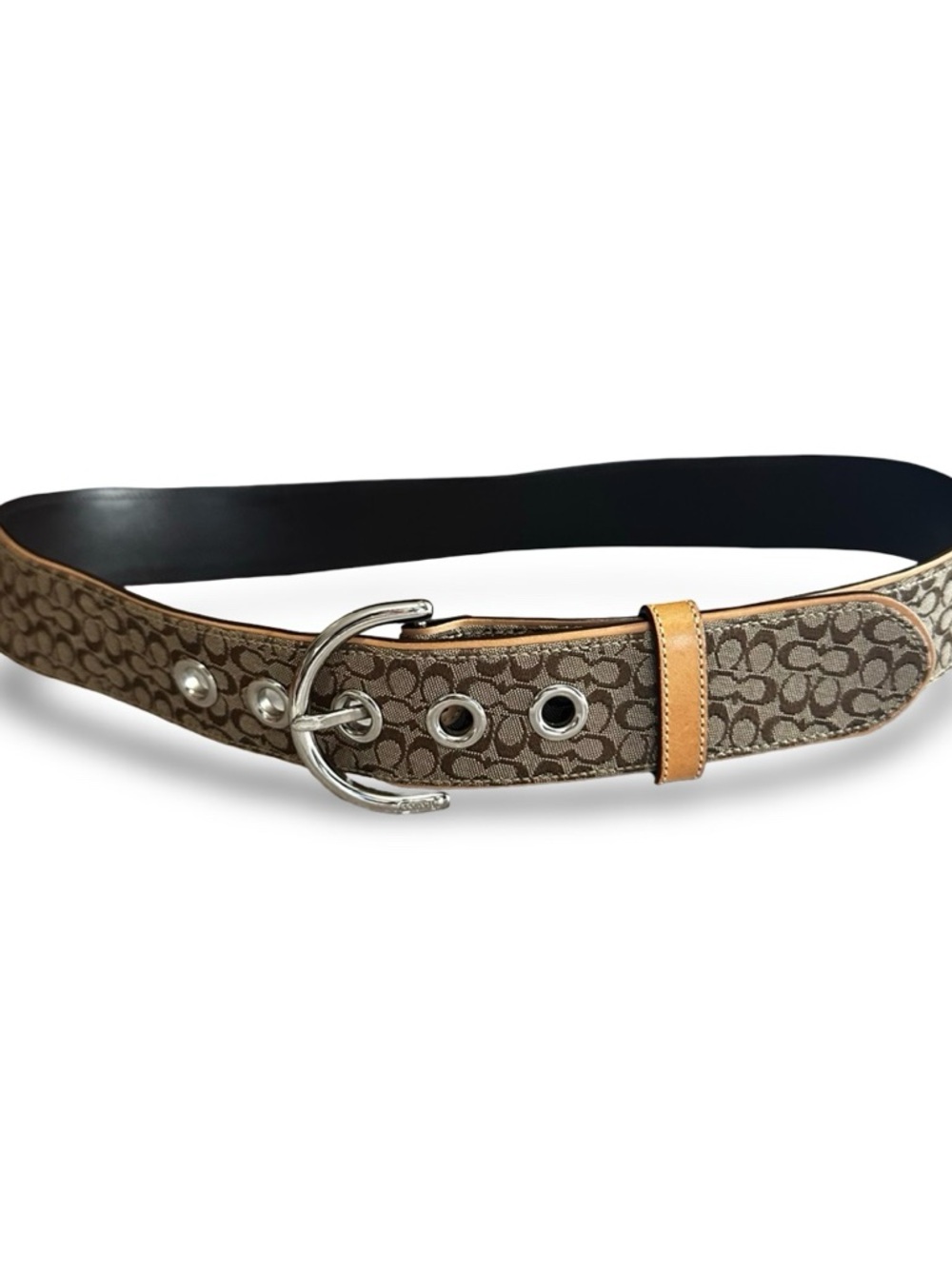 Coach Women’s Signature Canvas Brown Leather Trim Belt | Size Medium